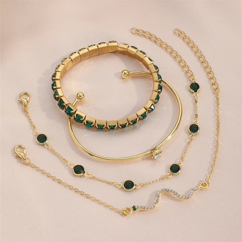 Conjunto de Pulseiras Moda Cobra Verde com Pedras Preciosas e Strass - Acessório Elegante para Festas e Presentes