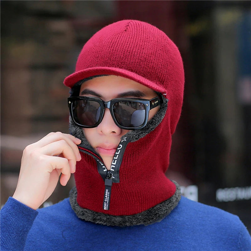 Novo Chapéu de Inverno Masculino - Gorro de Lã com Proteção para Ouvidos, Capô de Tricô, Capa Windproof e Visor para Bicicleta