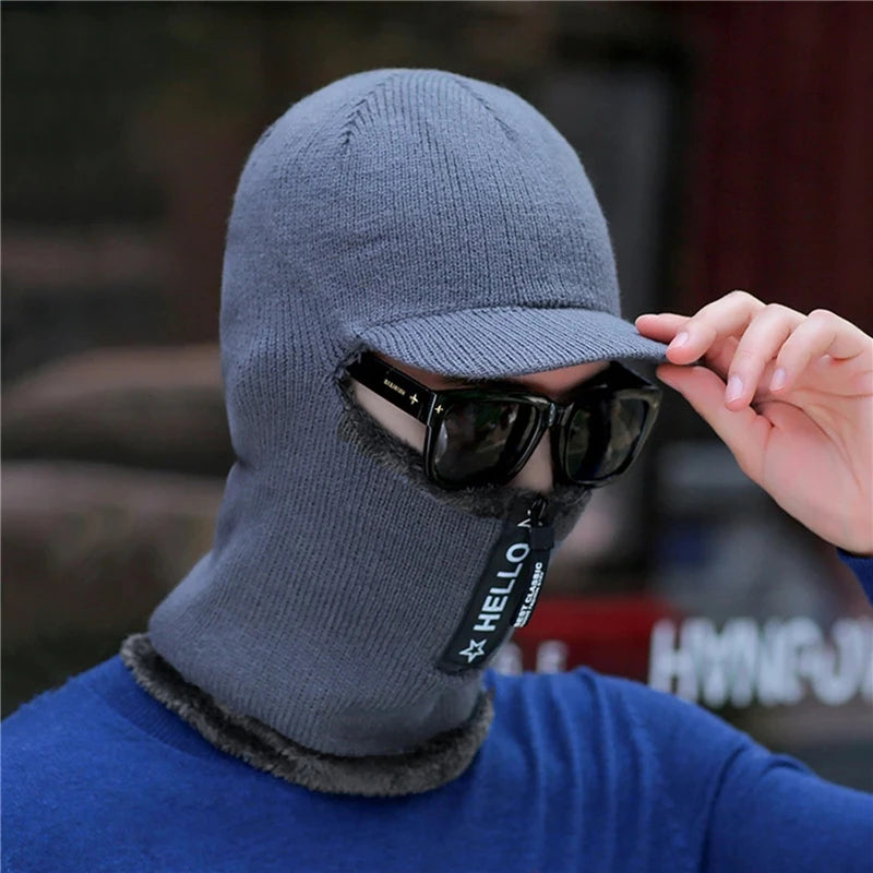 Novo Chapéu de Inverno Masculino - Gorro de Lã com Proteção para Ouvidos, Capô de Tricô, Capa Windproof e Visor para Bicicleta