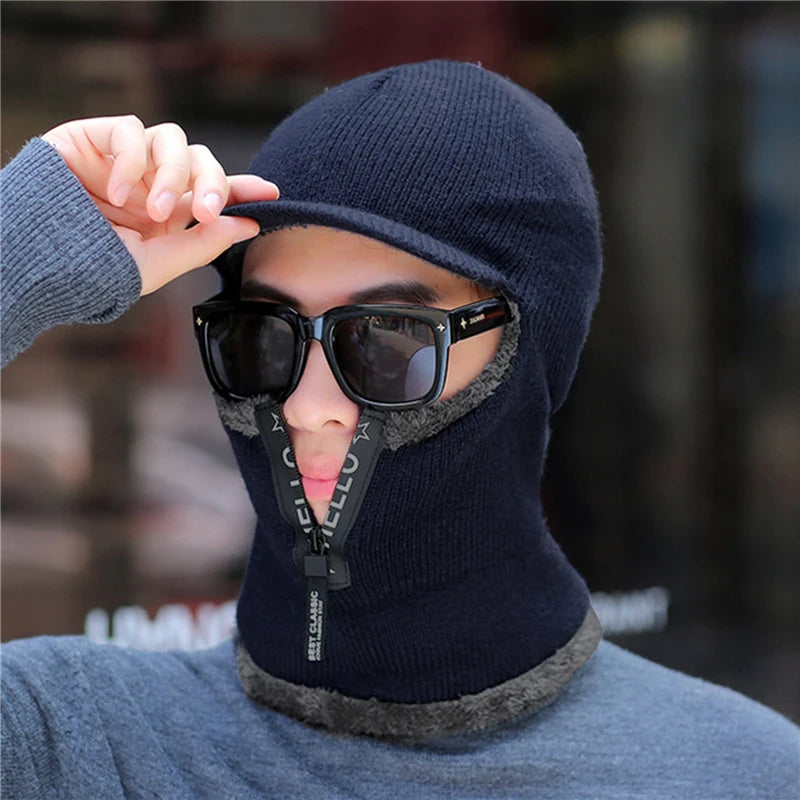 Novo Chapéu de Inverno Masculino - Gorro de Lã com Proteção para Ouvidos, Capô de Tricô, Capa Windproof e Visor para Bicicleta